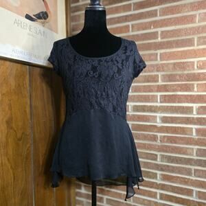 Studio Y Y2K Black Lace & Chiffon Handkerchief Hem Blouse Top - Size M